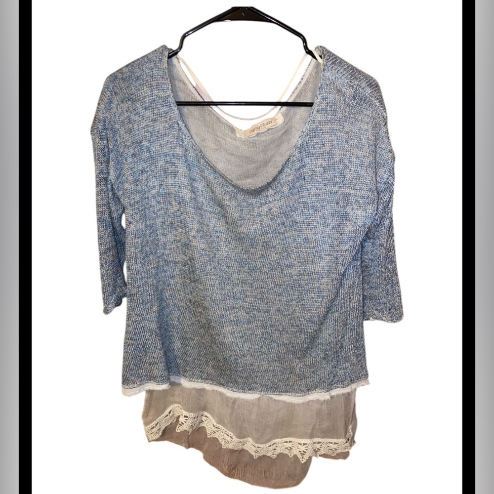 Blue Layered Knit Top with Lace Trim